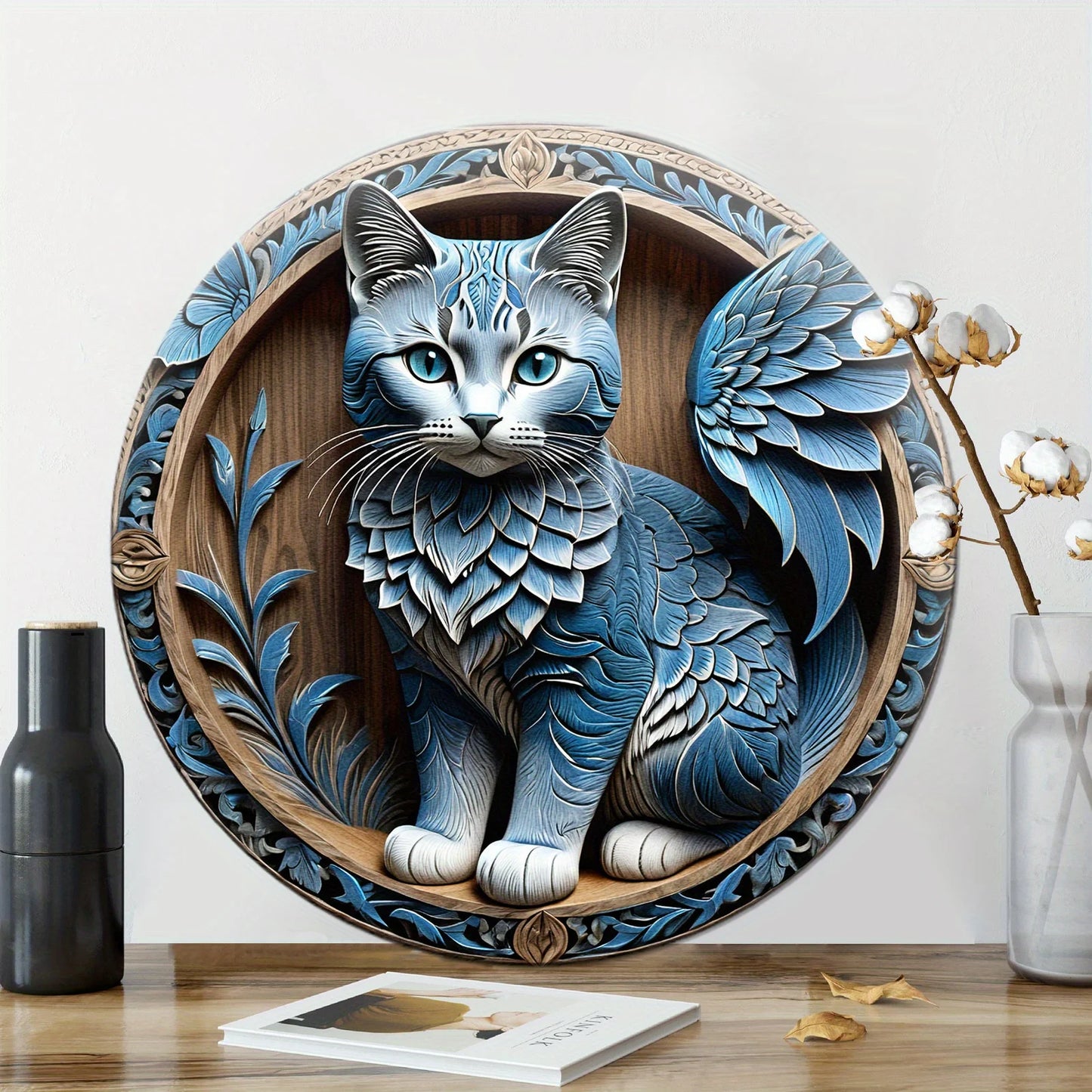 Blue Cat Cute Cat Suitable For Home Room Cafe Bedroom  Living Room Wall Decor, Round Fashion Art Aesthetic,  Gift