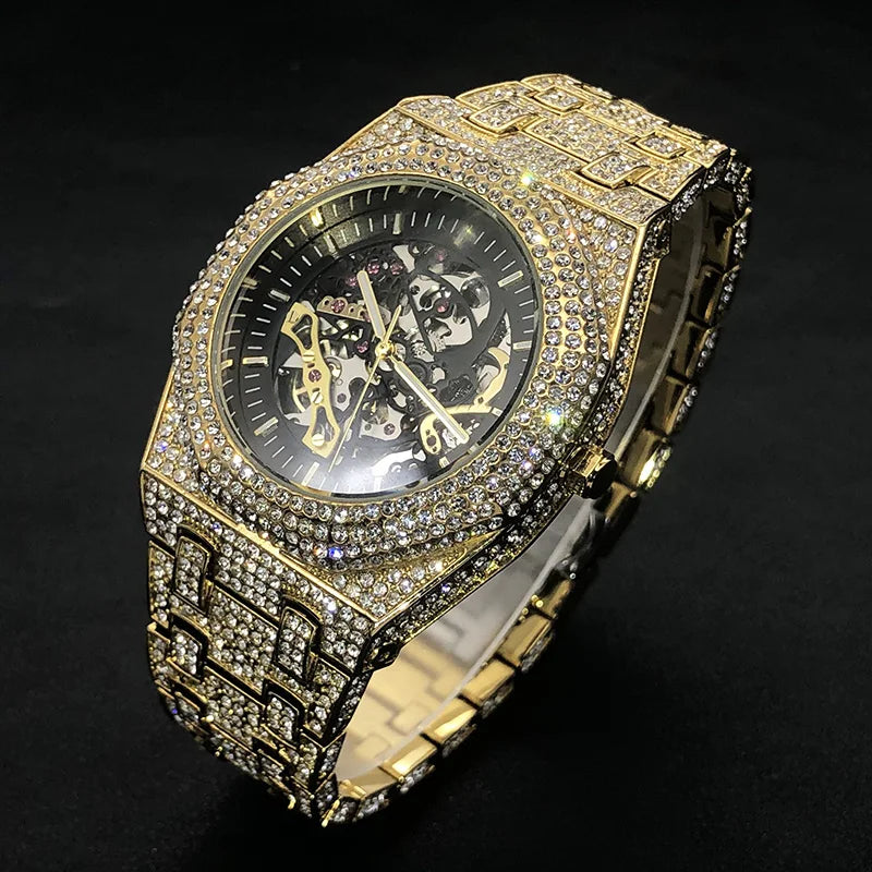 Automatic Watch Luxury Full Ice Out  Hip Hop Tourbillon Watches Bling Diamond Gold Clock