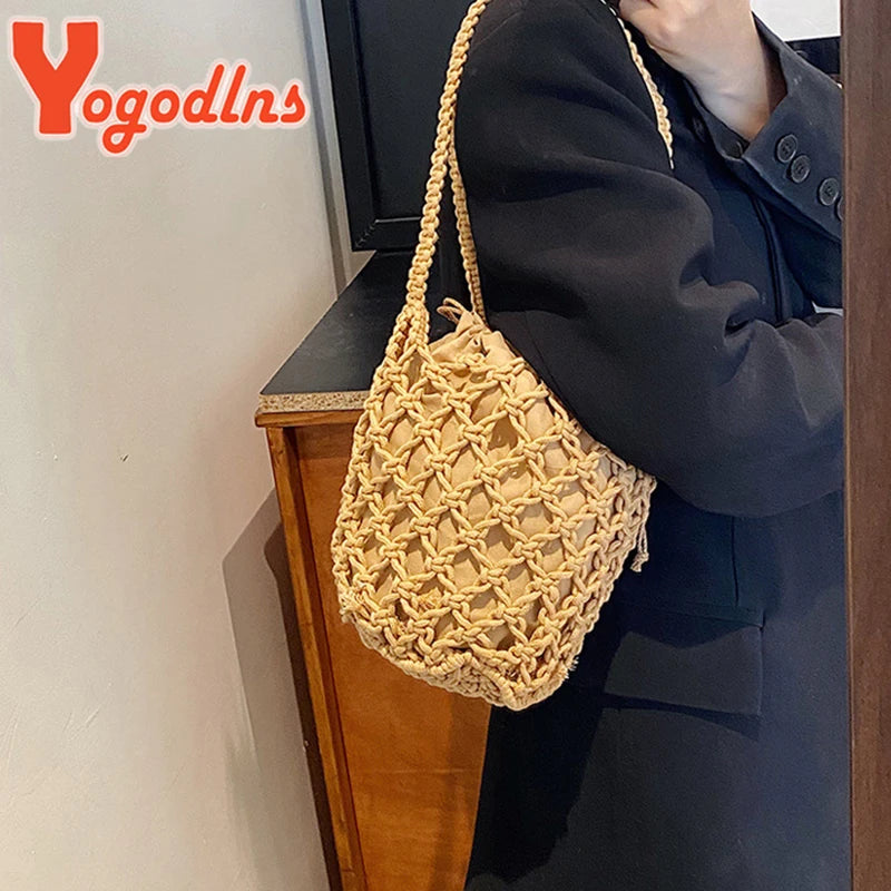 Drawstring Women's Straw Bucket Bag Summer Woven Shoulder Bags Purse Beach Handbag Straw Handbags Casual Crossbody Bag - Hiron Store