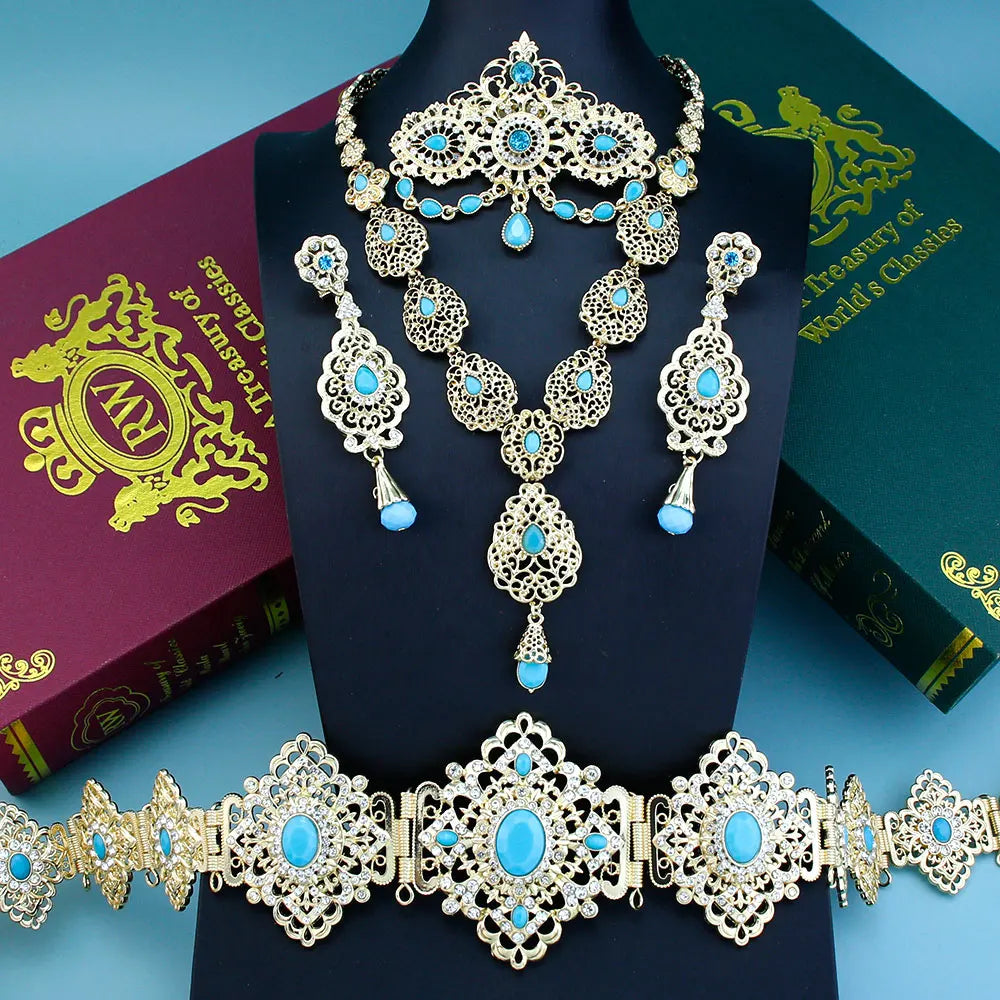 Sunspicems Chic Arabic Bride Jewelry Sets For Women Gold Color Crystal Morocco Belt Necklace Caftan Brooch Earring Muslim Sets - Hiron Store