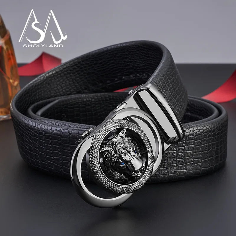 Men's Business Lion Head Automatic Buckle Leather Belt Top Layer Cowhide Alloy Buckle