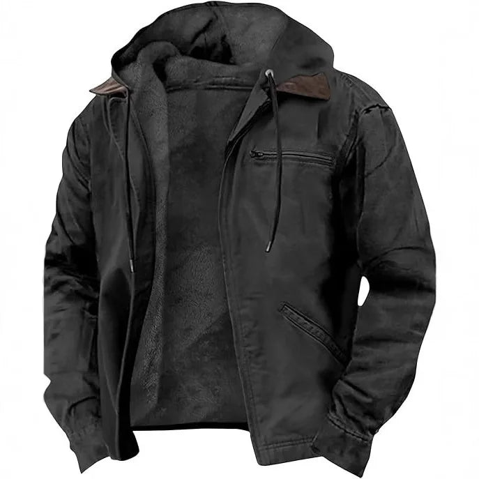 2026 men's European solid-color hooded   fleece jacket casual cotton zipper coat With pocket