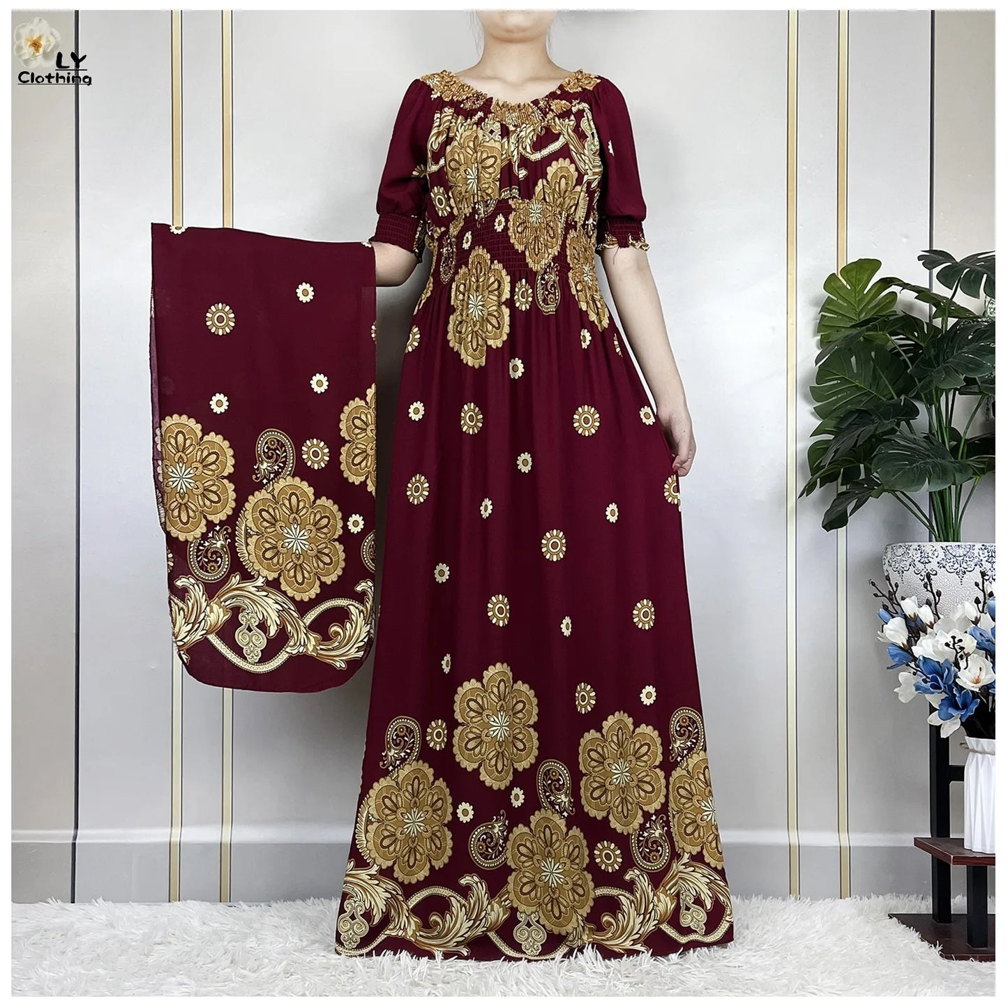 Muslim Abayas Floral Elasticity Loose Femme Elegant Robe Maxi African Casual Dresses With Turban