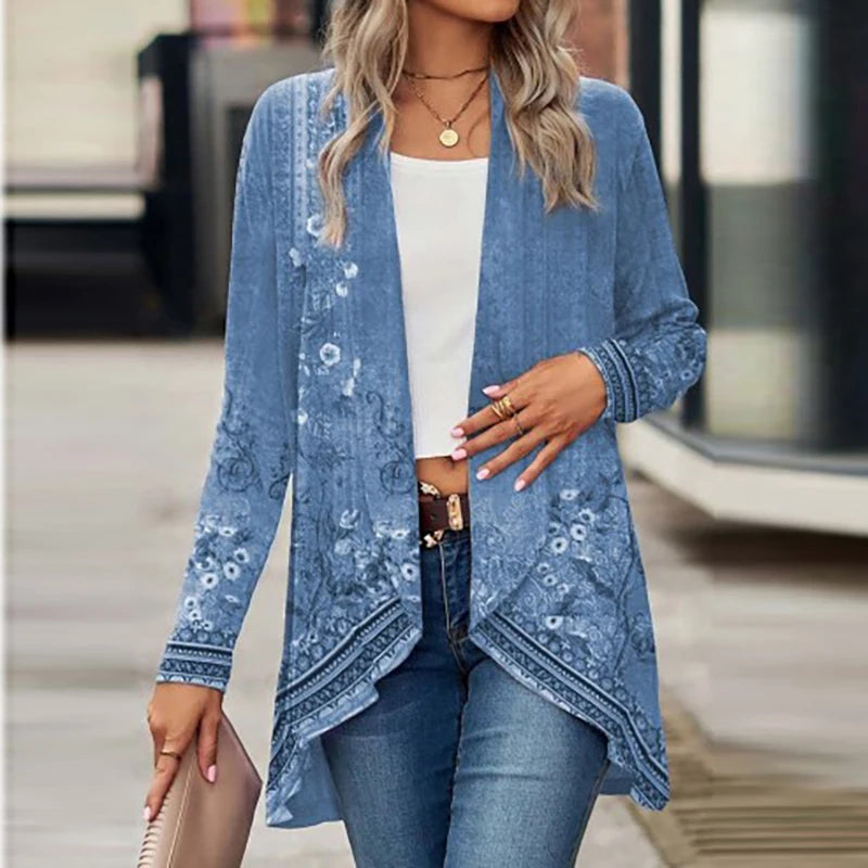 Women Jacket Turn Down Collar Solid Long Sleeve Print Cardigan Women Casual Coats