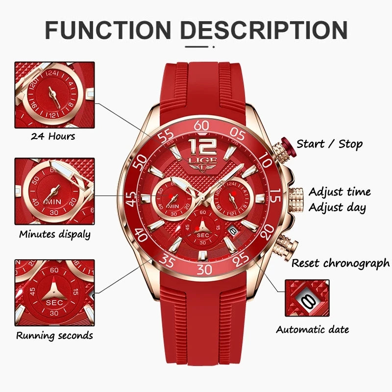 LIGE Silicone Men's Watches Waterproof Quartz Wristwatches Chronograph Clock