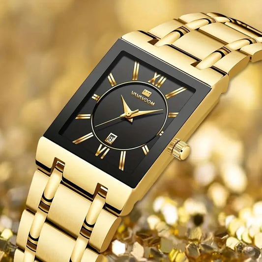 Square Men's Watches Luxury Golden Quartz Stainless Steel Waterproof Wrist Watch