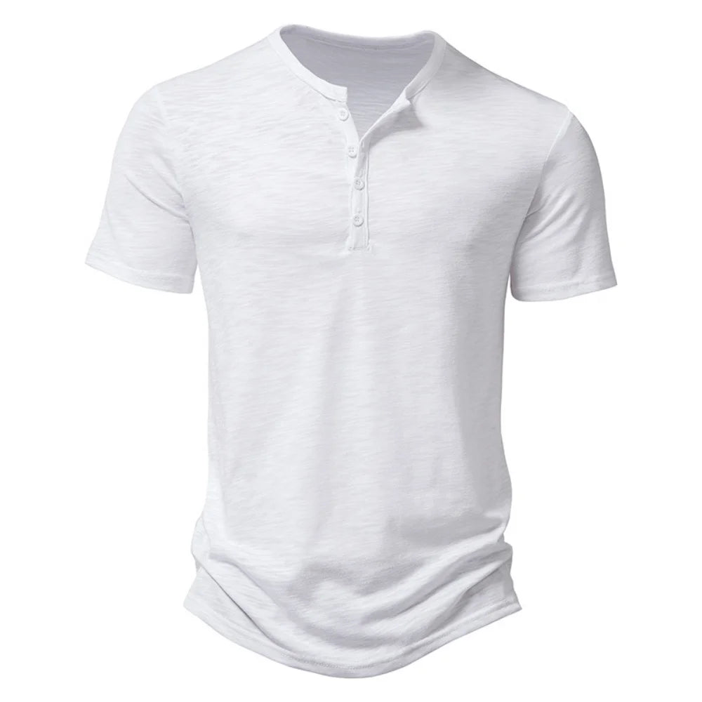 Henley Collar Summer Men Casual Solid Color Short Sleeve T Shirt for Men Polo men High QualityMens T Shirts - Hiron Store