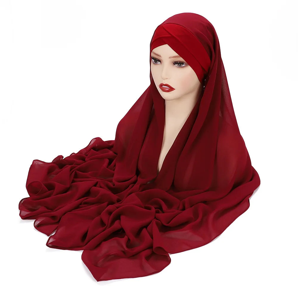 Instant Hijabs Chiffon Hijab Scarf With Cross Bonnet Brand Design Women Islamic Underscarf