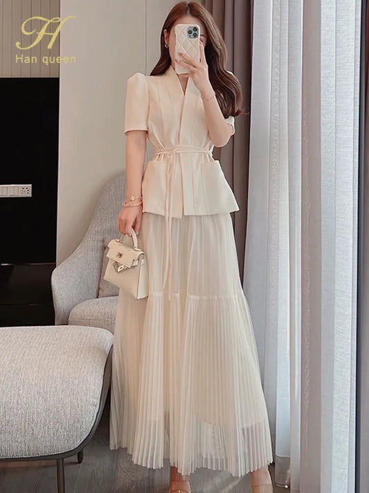 H Han Queen Elegant 2 Piece Office Dress Women Summer Simple Basic A-Line Dresses Short Sleeve Slim Long Casual Party Vestidos - Hiron Store