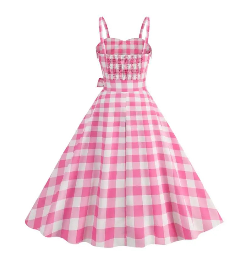 Women's Summer Dress Sexy Retro Pink Plaid Suspender Gown Christmas Party Clothes Robe Femme High-Waisted Dress - Hiron Store