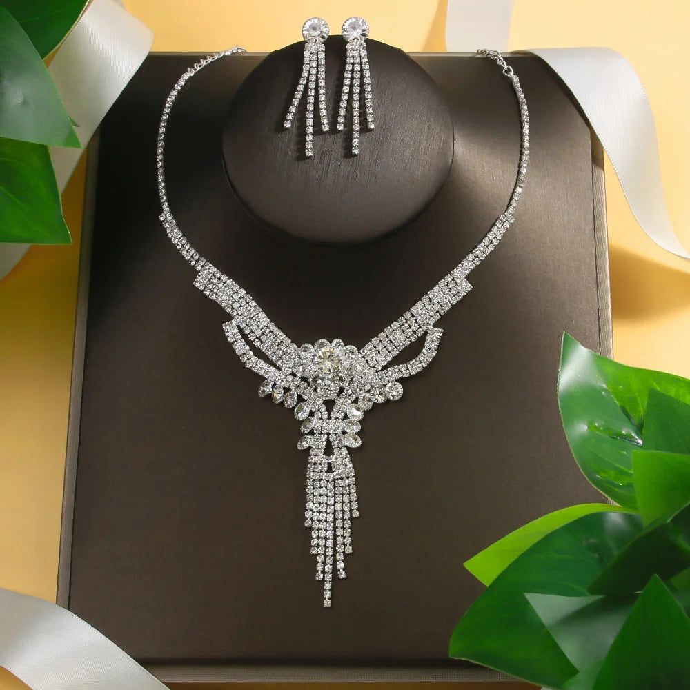 Crystal Flower Necklace Earrings Set Prom Accessories African Wedding Jewellery Sets