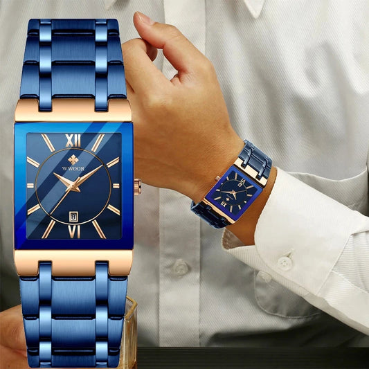 Watches Luxury Square Blue Men's Wristwatch Stainless Steel Waterproof Quartz Clock