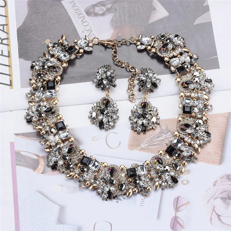 White Crystal Rhinestone Choker Necklace Earrings Women Jewelry Sets