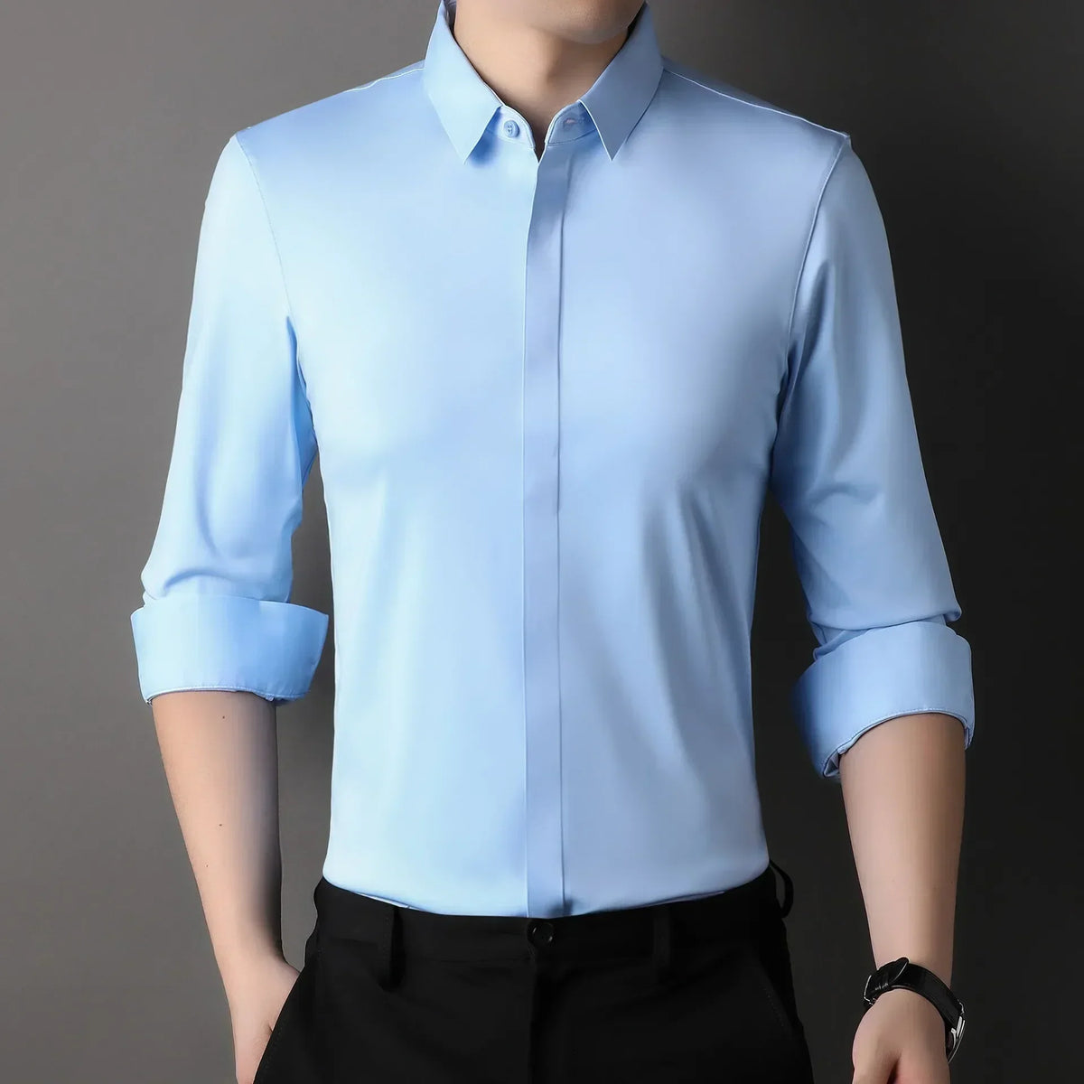 High end Mulberry Silk Dress Shirts, Business  Men Wrinkle Resistant, Button Invisible Elastic Tops, Luxurious Male  Clothing