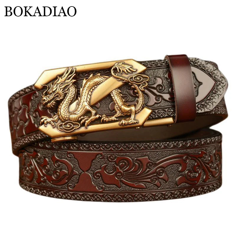 Genuine Leather Belt Luxury Gold Dragon Metal Automatic Buckle Cowhide Belts for Men Jeans Waistband Male Strap