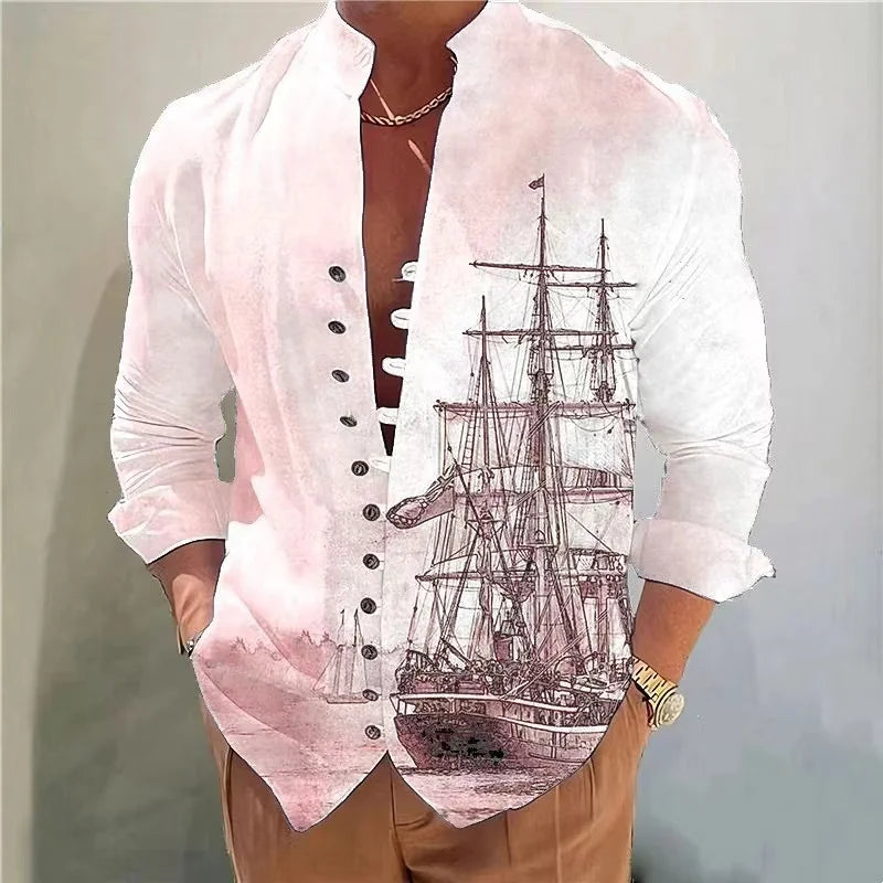 Spring Autumn Sailboat printin Hot Sale Men's Long-Sleeved Shirts Solid Color Stand-Up Collar  Casual Style Plus Size Shirts New - Hiron Store