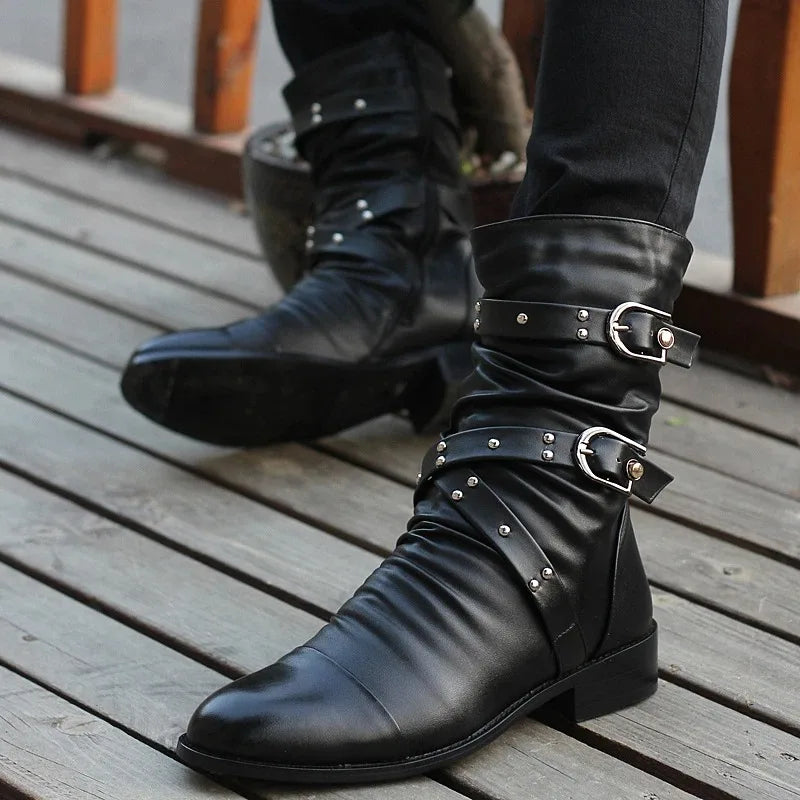 Men's Mid-calf Boots Buckle Strap Chelsea Boot for Men Leather  Boot  Mens Motorcycle Boots High Top Man Winter Shoe