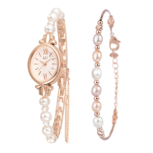 Casual Pointer Quartz Watch Elegant  Watch & 1pc Natural Freshwater Pearls Bracelet for Women Her