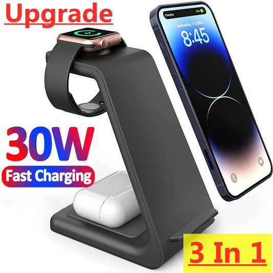 30W 3 in 1 Wireless Charger Stand for iPhone 15 14 13 12 11 X XR Apple Watch 6 7 8 iWatch Airpods Pro Fast Charging Dock Station - Hiron Store