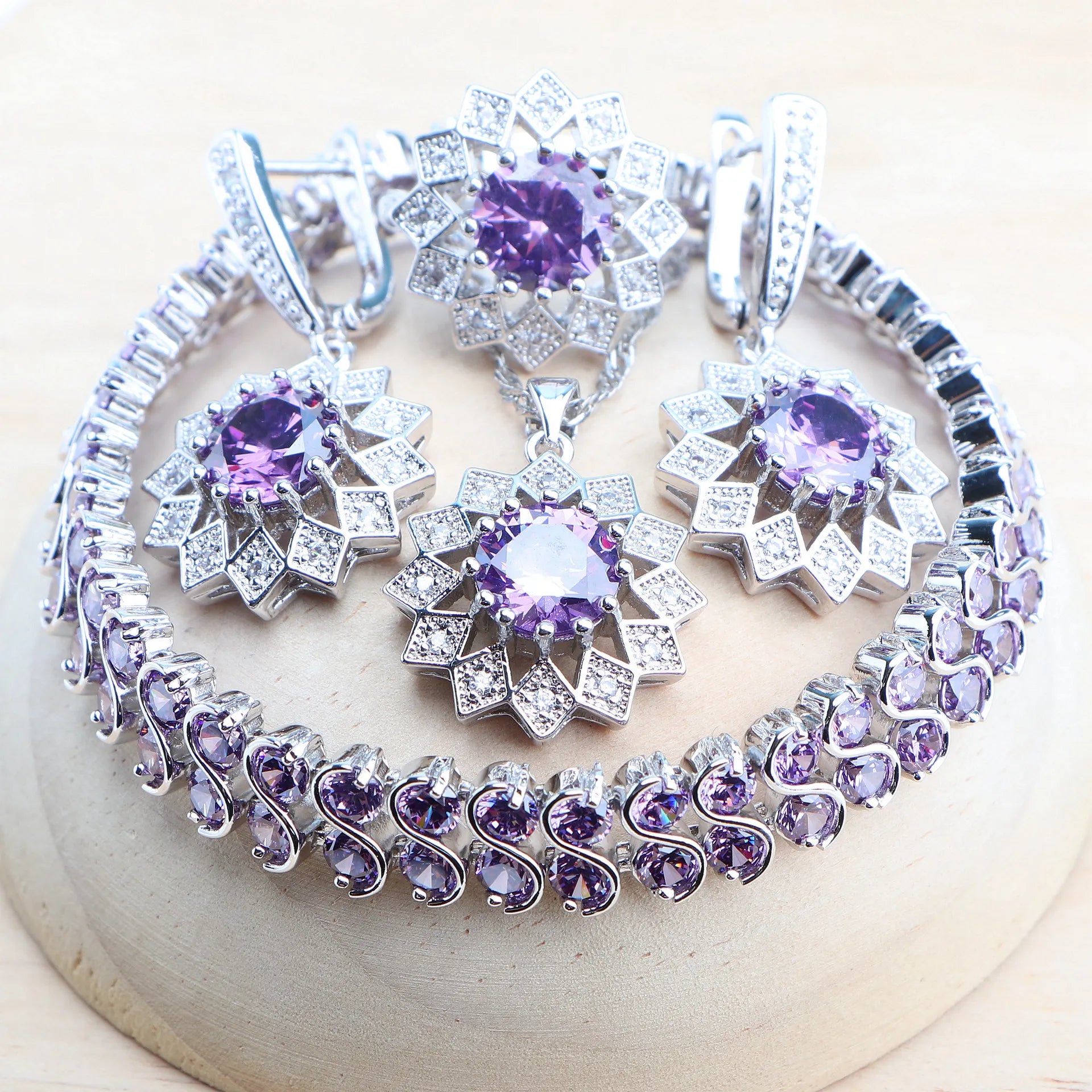 Wedding Silver 925 Jewelry Sets Bracelets Rings Earrings Pendant Purple Cubic Zirconia Necklace For Women Bridal Set Jewelry - Hiron Store