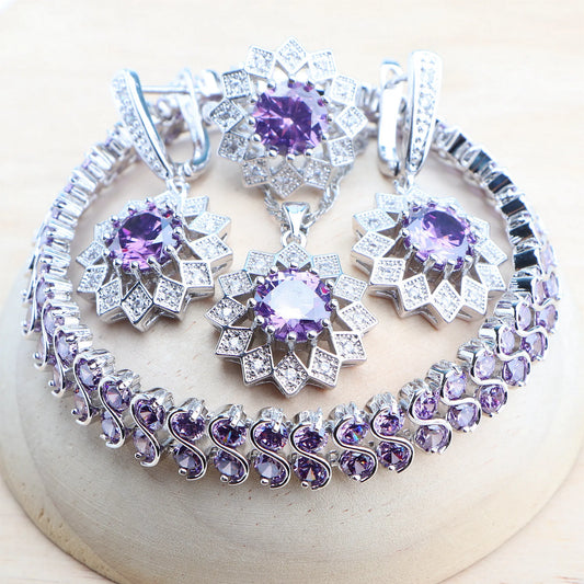 Wedding Silver 925 Jewelry Sets Bracelets Rings Earrings Pendant Purple Cubic Zirconia Necklace For Women Bridal Set Jewelry