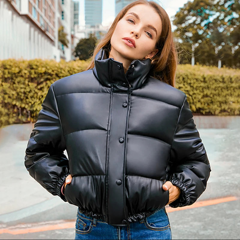 Winter Warm Leather Coats Women Short Parkas Fashion Black Cotton Padded Lady Down Jacket Elegant Zipper Clothes 2024