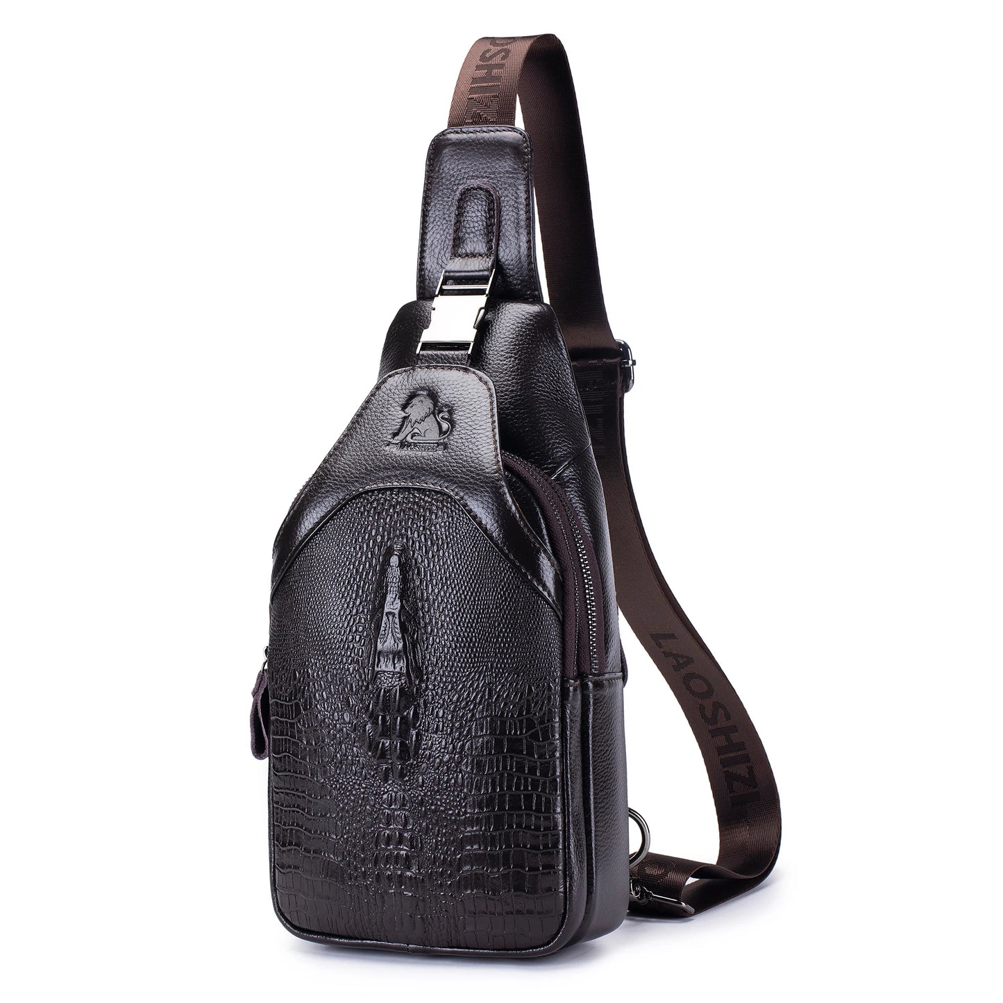 Men's leather chest bag, crossbody bag, crocodile pattern multifunctional bag with USB charging shoulder bag