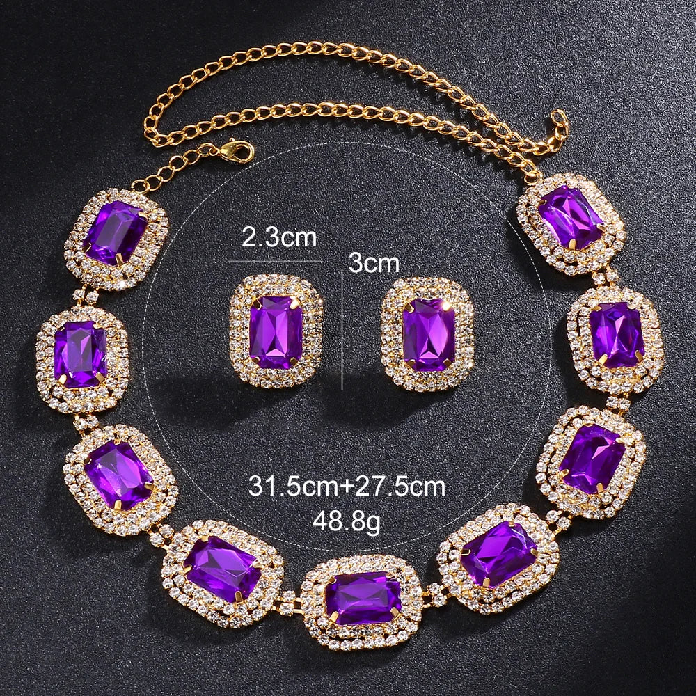 Stonefans Rhinestone Purple Necklace Earrings Set