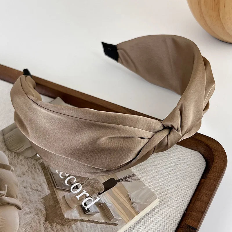 Retro Coffee Color Satin Knotted Wide Headbands Woman Temperament Elegant Hairband Hair Hoop Hair Fashion Accessories