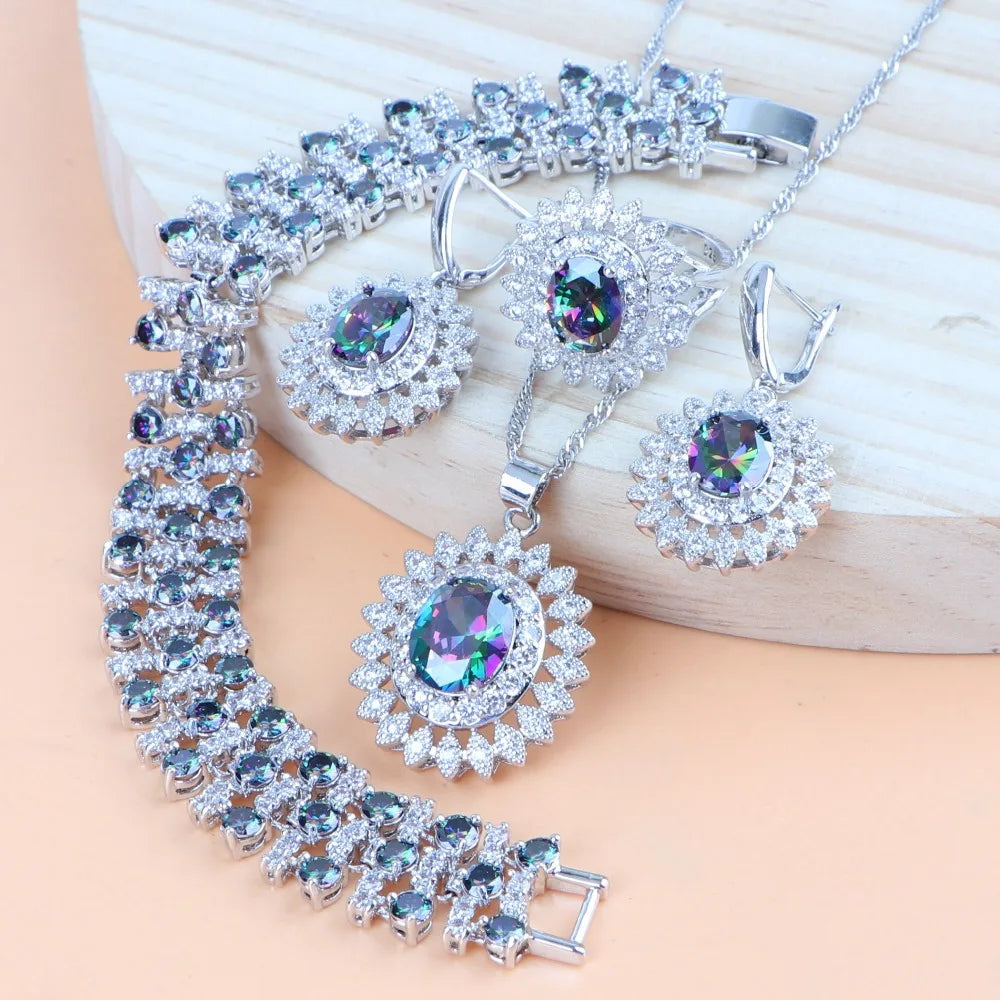 Natural Bridal Jewelry Sets Silver 925 Jewelry Ring Pendant Necklace Earrings Bracelets Wedding Blue Cubic Zircon Set For Women - Hiron Store