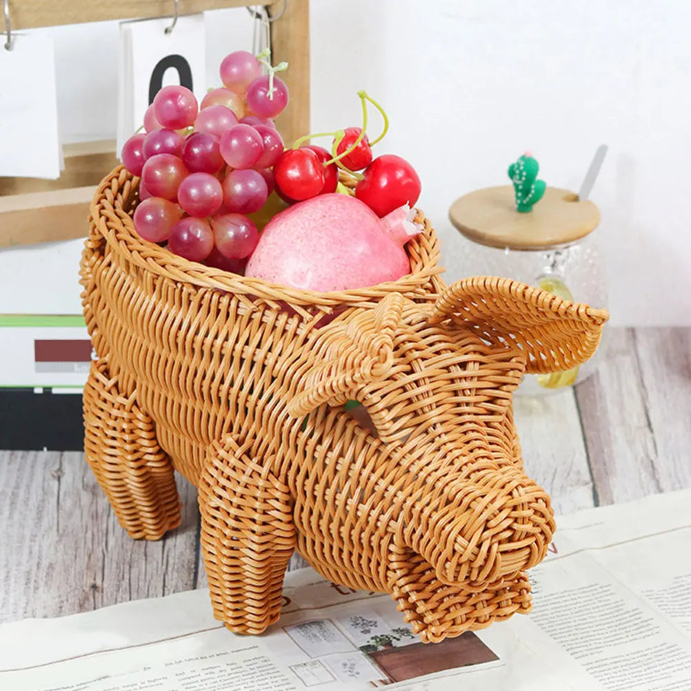 Imitation Rattan Woven Fruit Basket Pig Shaped Fruit Basket Food Serving Holder Plastic Imitation Rattan Woven Serving Baskets - Hiron Store