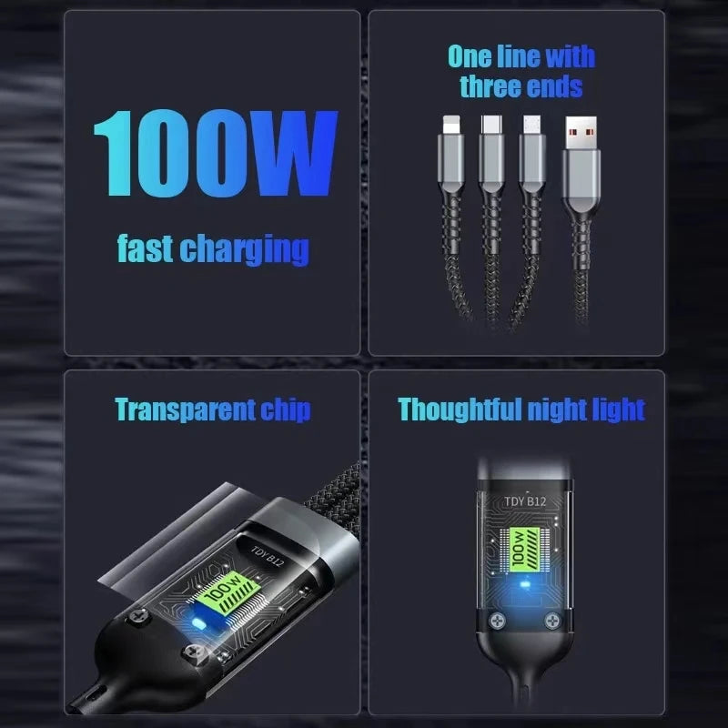 3 In 1 100w Transparent Fast Charging Cable Type C Usb Micro For Huawei OPPO Vivo Samsung Xiaomi Pilot Lamp Charger Usb C 6A