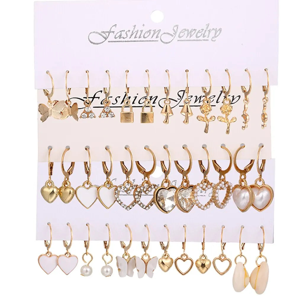 18 Pairs Of Lady Earrings Snake Butterfly Mushroom Lock Diamond-encrusted Zircon Pearl Love Earring Set - Hiron Store