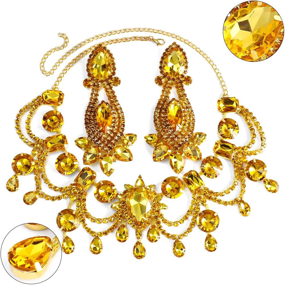 Stonefans Water Drop Tassel Necklace Earrings 2024 Statement Yellow Rhinestone Jewelry Set