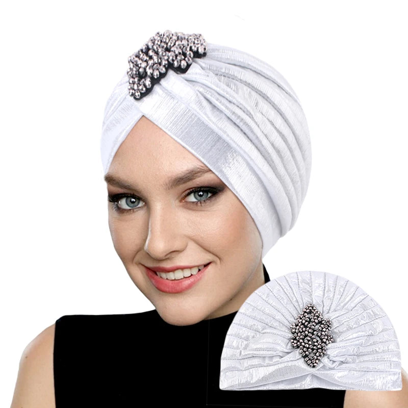 New Women's Luxury Diamond Turban Cap, Elastic Bandana Beanie, Chemo Cap, Muslim, Indian & African Hat Headwear