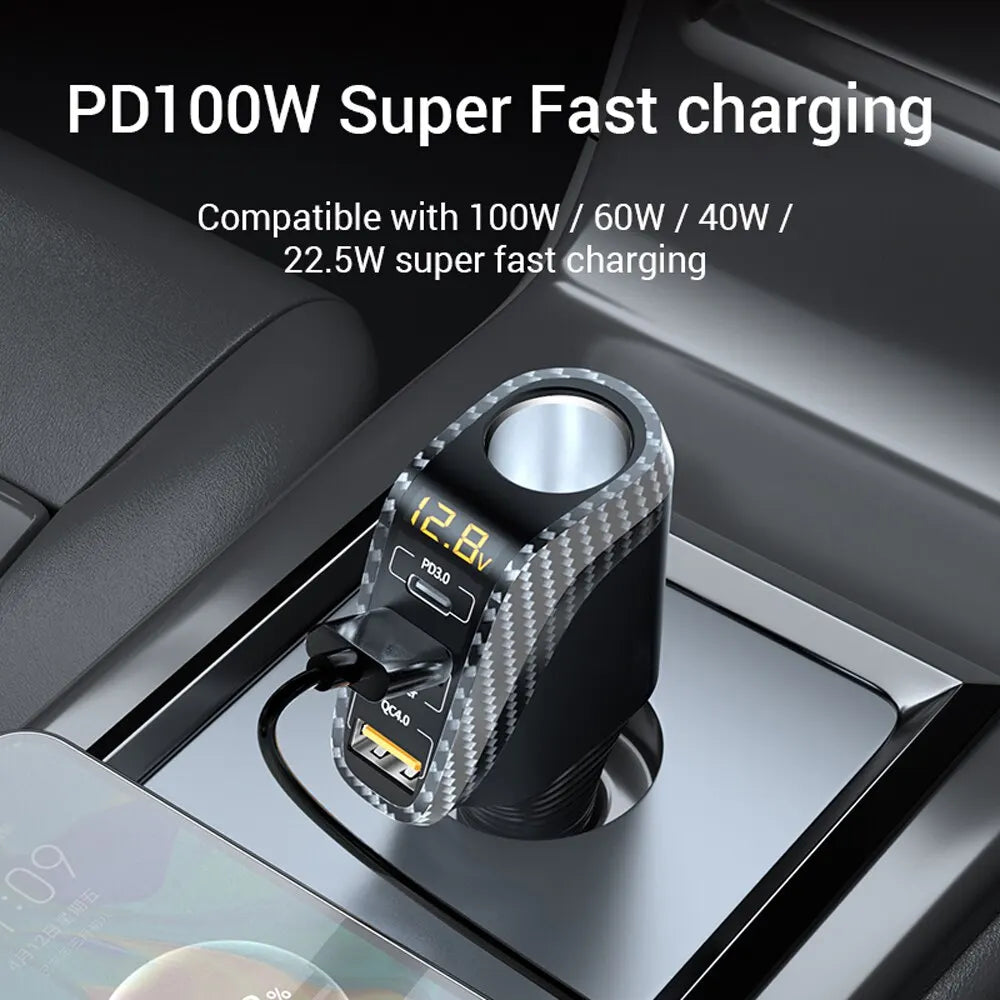 USB Car Charger With 90W Cigarette Lighter Expansion Port PD SCP FCP Quick Charge For iPhone Samsung Huawei