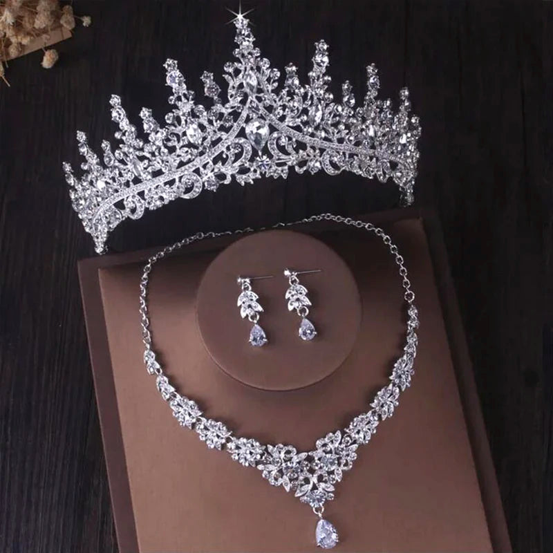 Luxury Silver Color Crystal Water Drop Bridal Jewelry Sets Rhinestone Tiaras Crown   Earrings