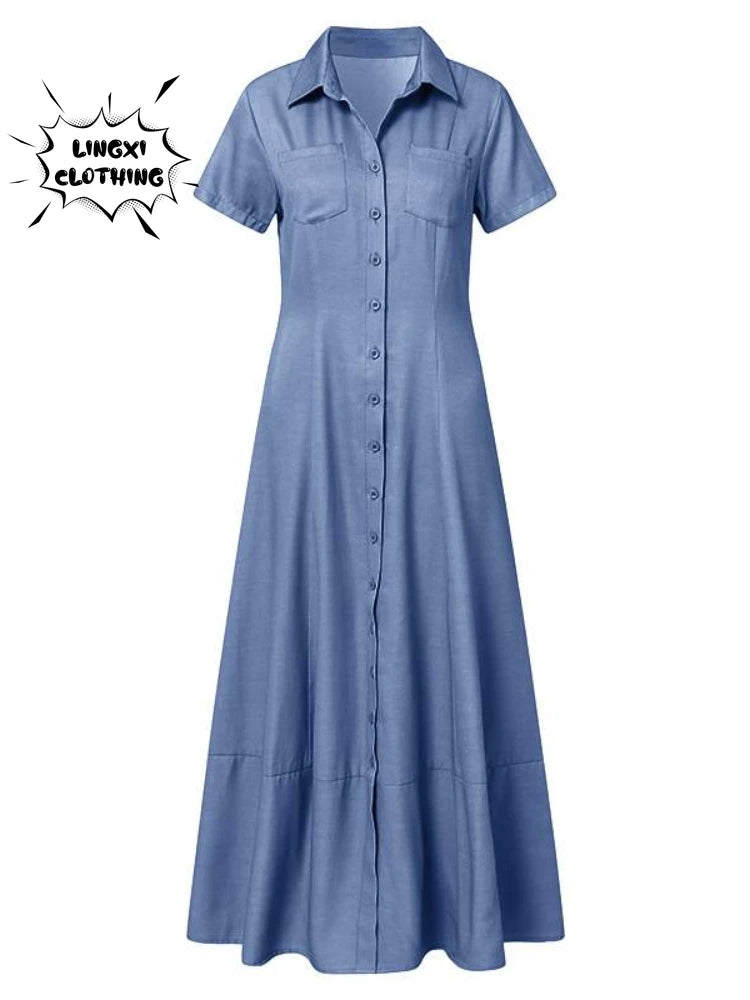 New Long Dress Shirt Neck Pocket Large Swing Dress Casual Elegant Temperament Single Breasted Denim Dress - Hiron Store