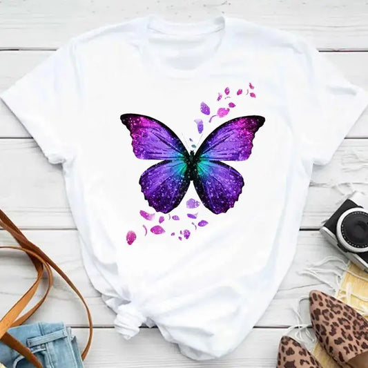 Fashion Women Men T Shirt Colorful Butterfly Petal Graphic Print T Shirt Casual Crew Neck Short Sleeve Plus Size T Shirt Unisex - Hiron Store