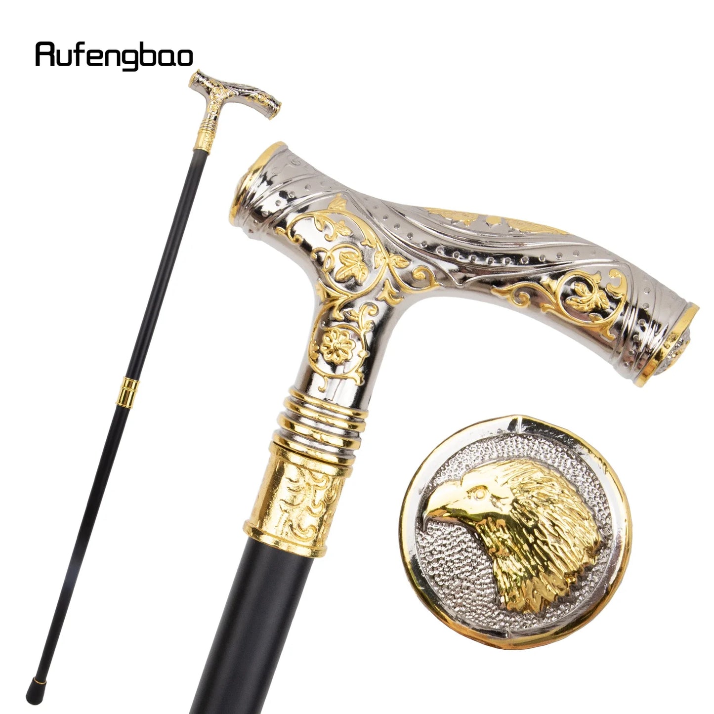 Golden White Eagle Head Flower Totem Relief Walking Cane Fashion Walking Stick Gentleman Crosier Knob Walking Stick