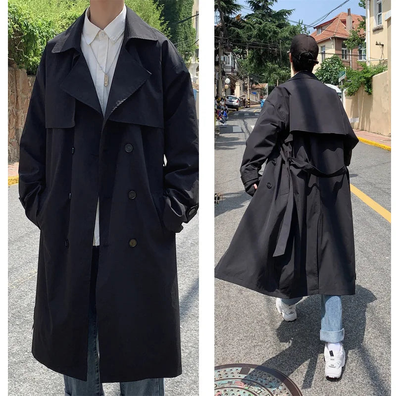 Korean Men Solid Business Casual Loose Long Overcoat