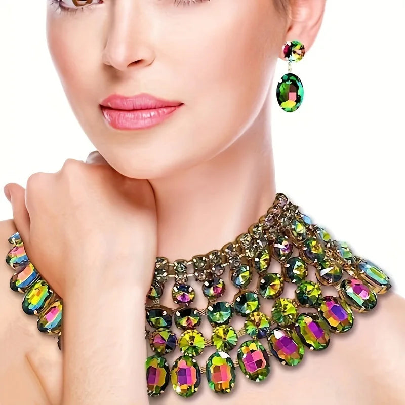 Style Full of Rhinestone Necklace Earrings Set For Multiple Color Options