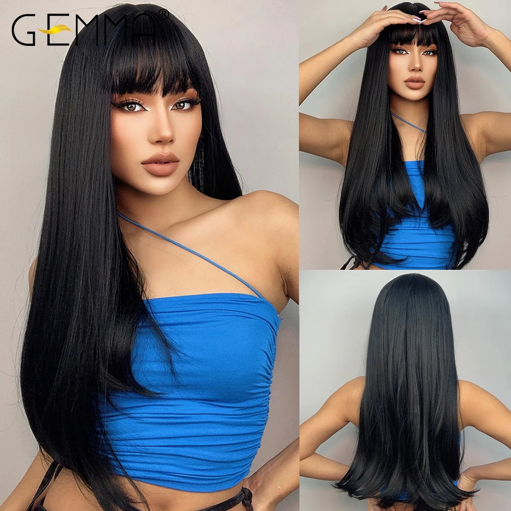 Ombre Brown Blonde Long Straight Synthetic Wigs with Bangs Cosplay Wig for Women High Temperature Natural Fake Hair