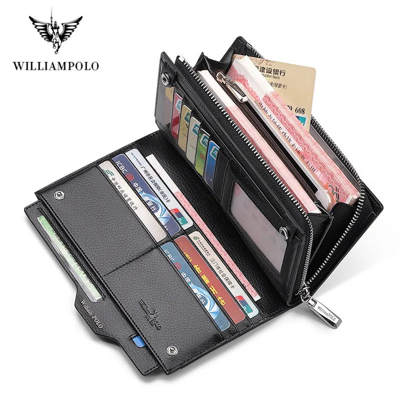 WILLIAMPOLO Men's Wallet Long Wallet Men Clutch Bag Wallet Leather Phone Credit Card Organizer Wallets Removable Card Holder - Hiron Store