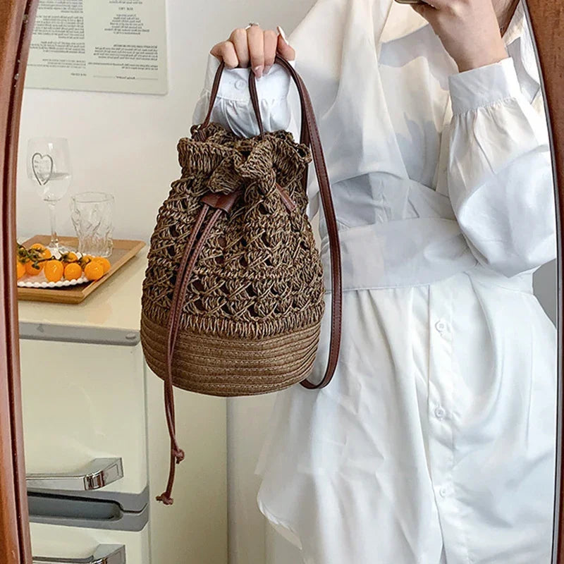 Chic Bucket Shape Crossbody Shoulder Bags Handmade Straw Hollow out Bag Pouch Female Travel Phone Purse Vintage Handbags - Hiron Store