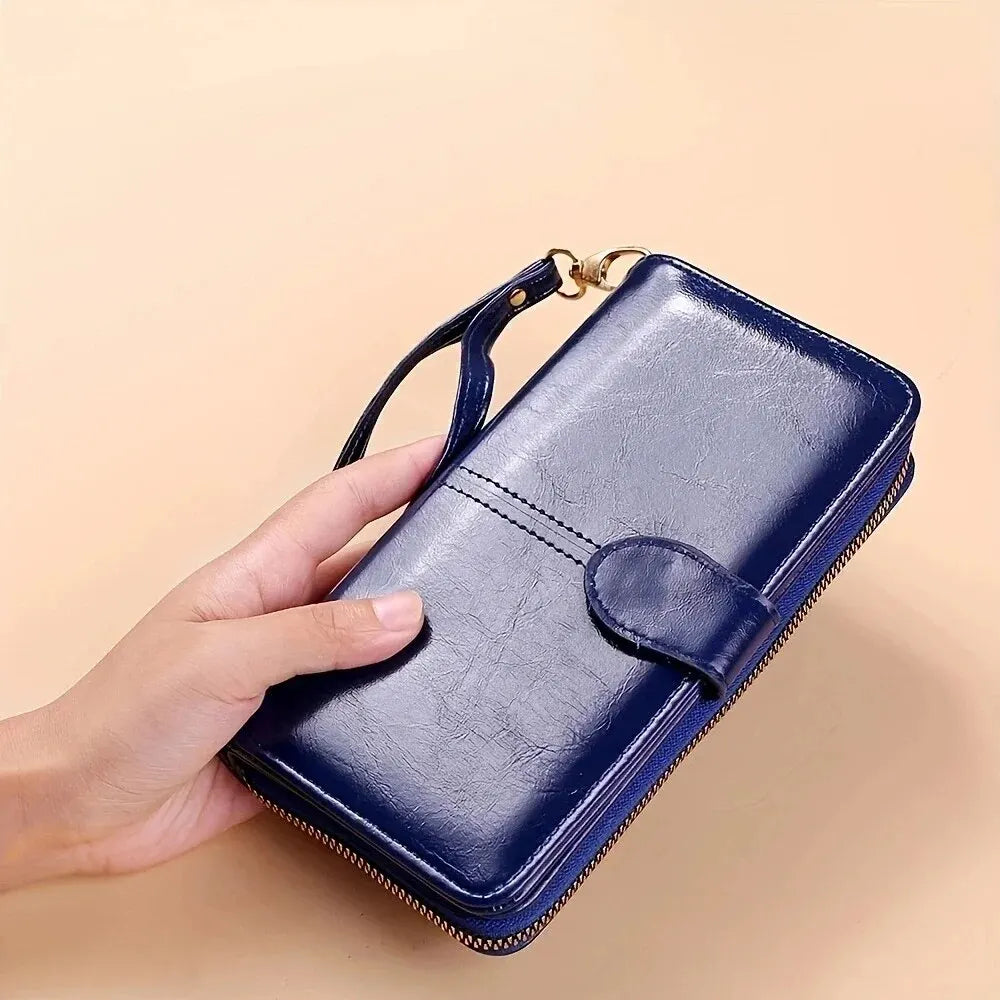 Women's Vintage Oil Wax PU Leather Clutch Wallet Female Large Capacity Phone Card Holder Pouch Bag