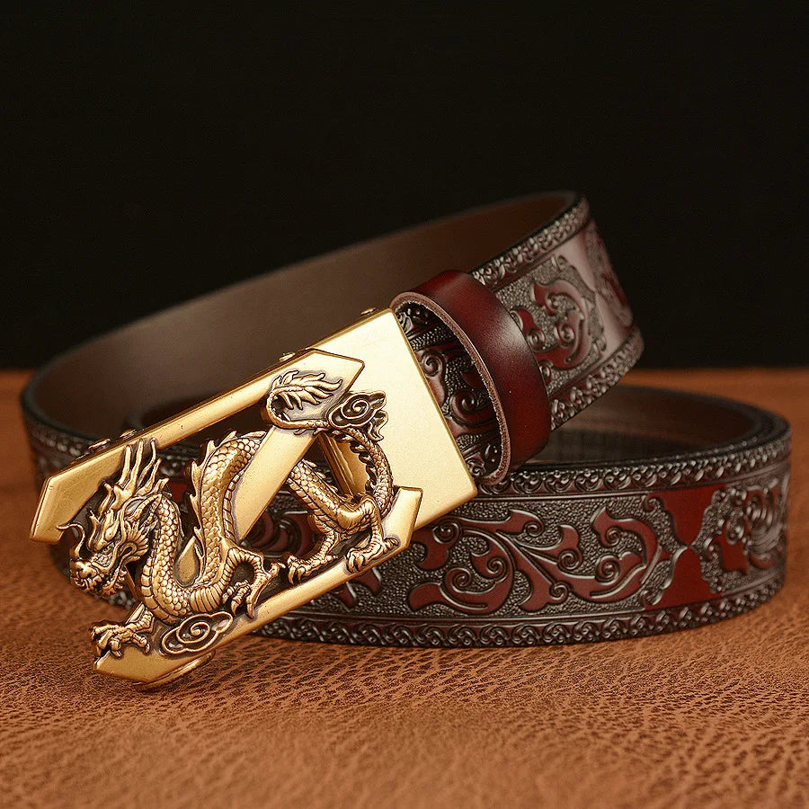 Genuine Leather Belt Luxury Gold Dragon Metal Automatic Buckle Cowhide Belts for Men Jeans Waistband Male Strap