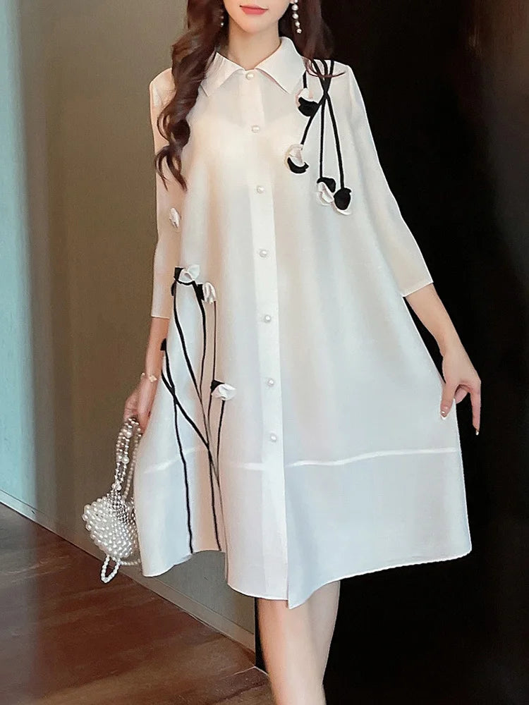 3D Floral Spliced Pleated Dress Women Lapel Long Sleeves Single Breasted A-line Dresses