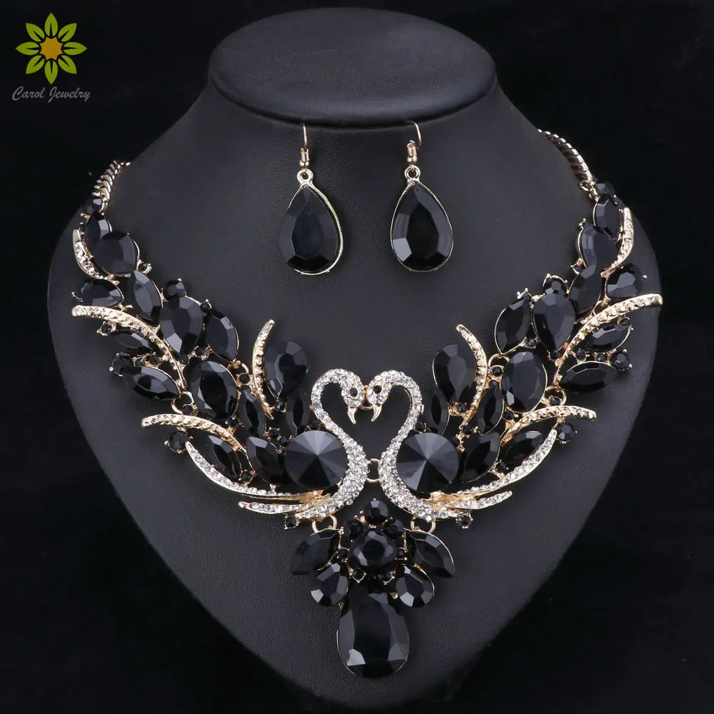 Black Crystal Bridal Jewelry Sets Gold Color Swan Pendant Necklace Earring set