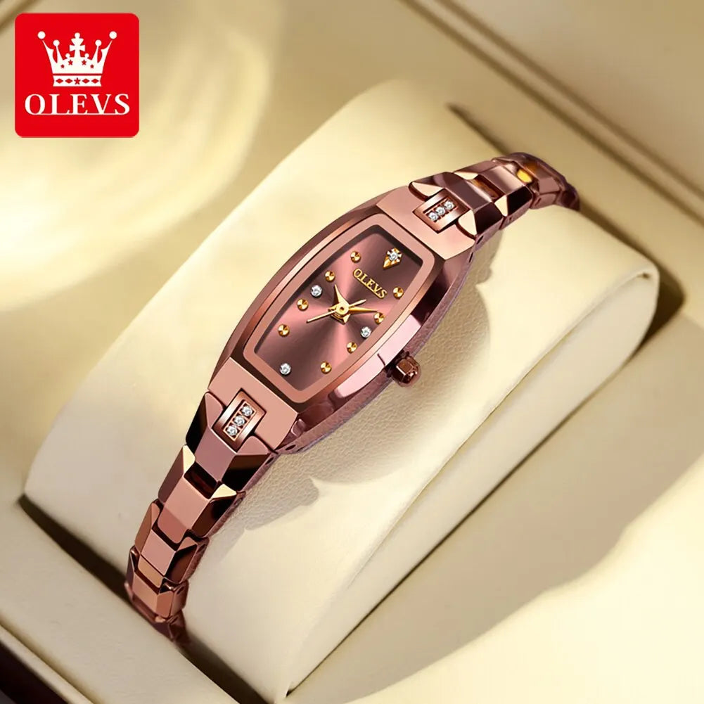 OLEVS Slim Thin Watch for Women Luxury Tungsten Steel Band Tonneau Design Square Shape Elegant Diamond Quartz Ladies Watch - Hiron Store